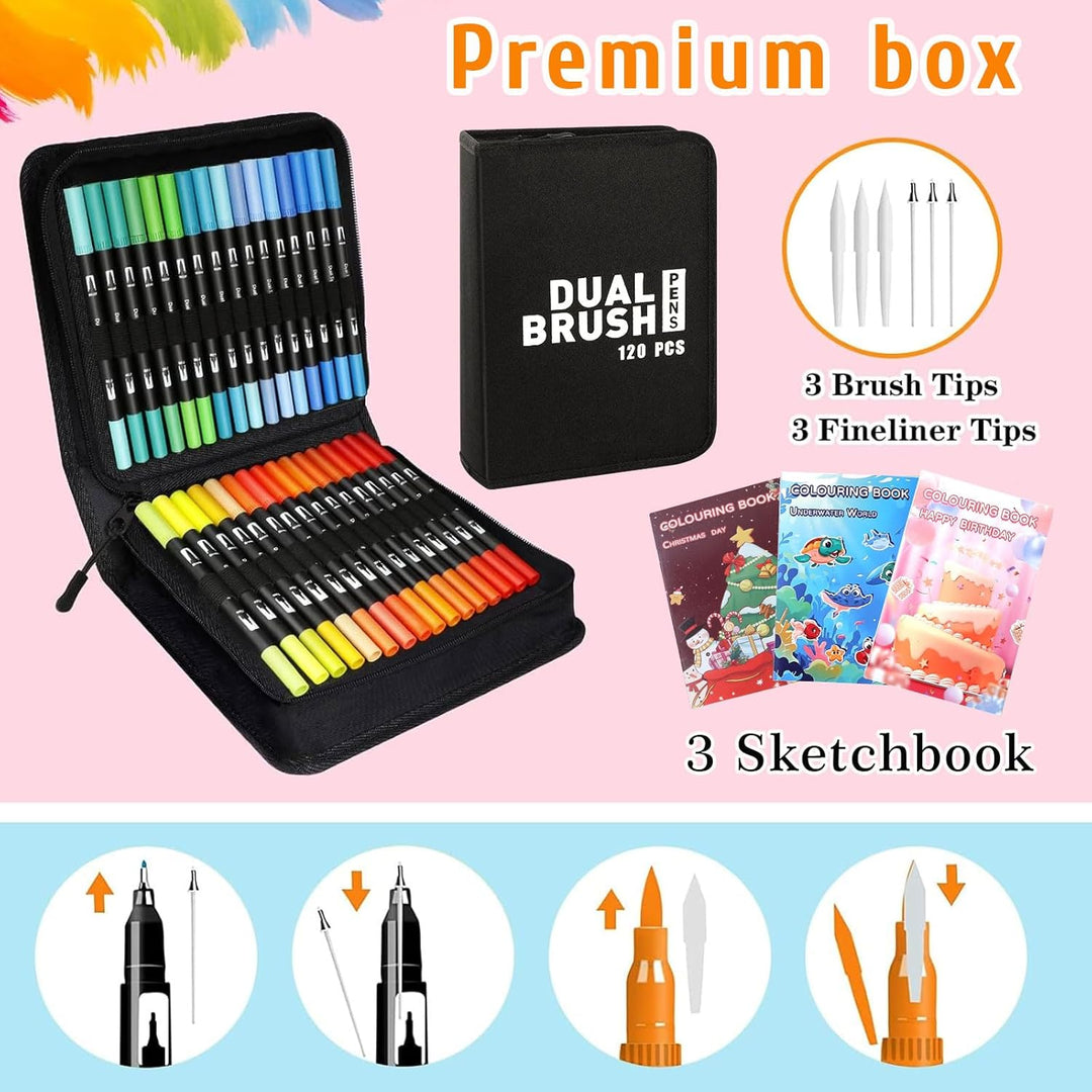 Spardar 120 Filzstifte, Filzstifte Dicke und Dünne, Doppelspitze Mit Schwarzer Tragetasche Und 3 Mal