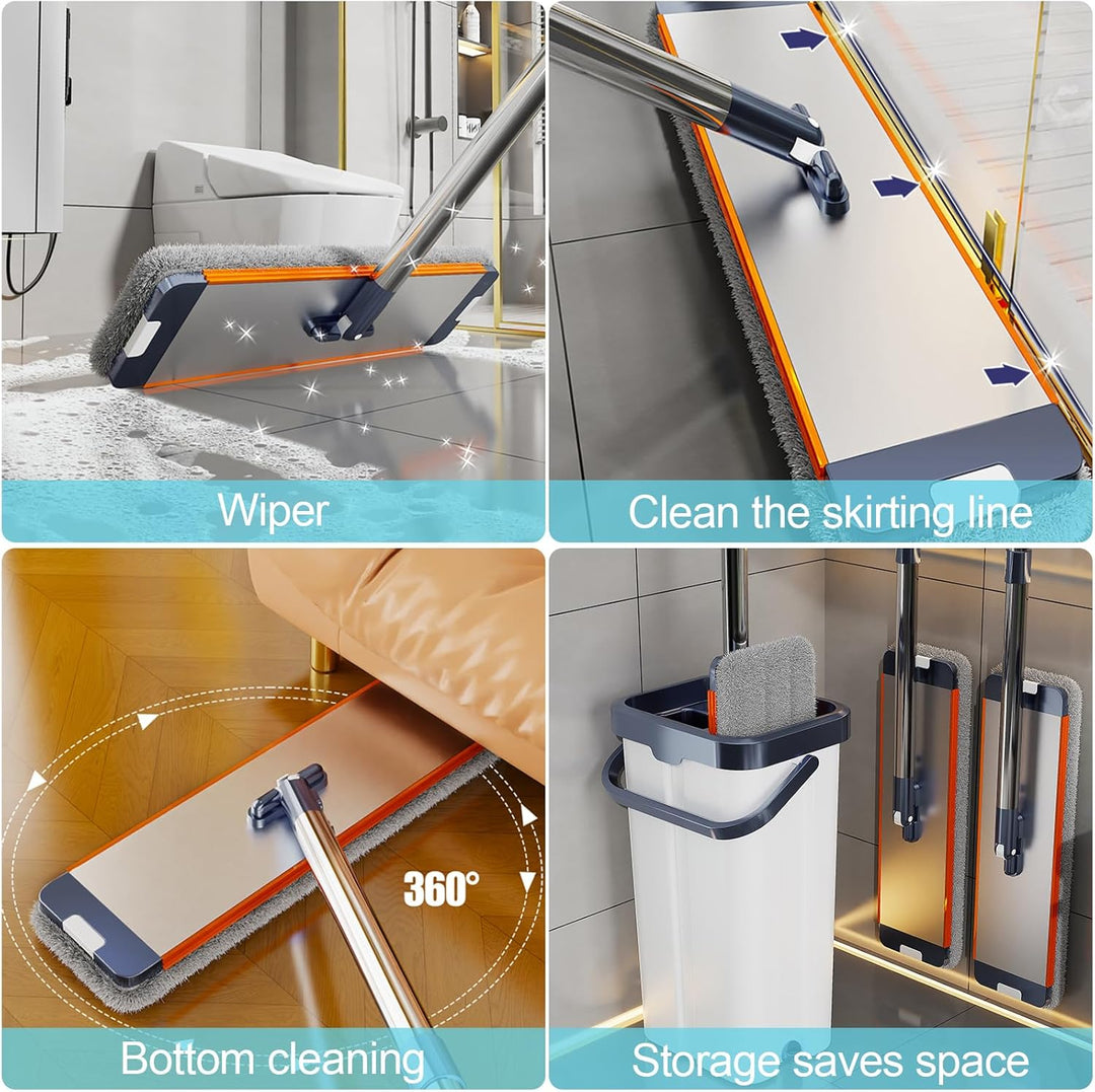 Wischmopp Set mit Eimer, Set mit 6 Mikrofaser Pads und Ausgestattet mit 164cm verlängertem und verdi