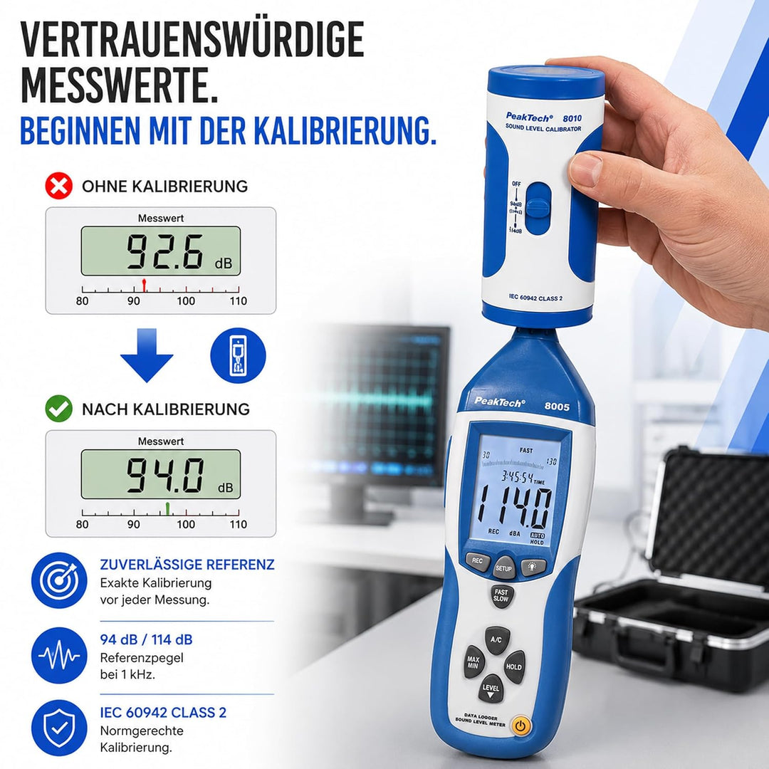 PeakTech 8010 - Schallpegelkalibrator, Decibel Kalibrator für Schallpegel Messgeräte, Einmessen nach