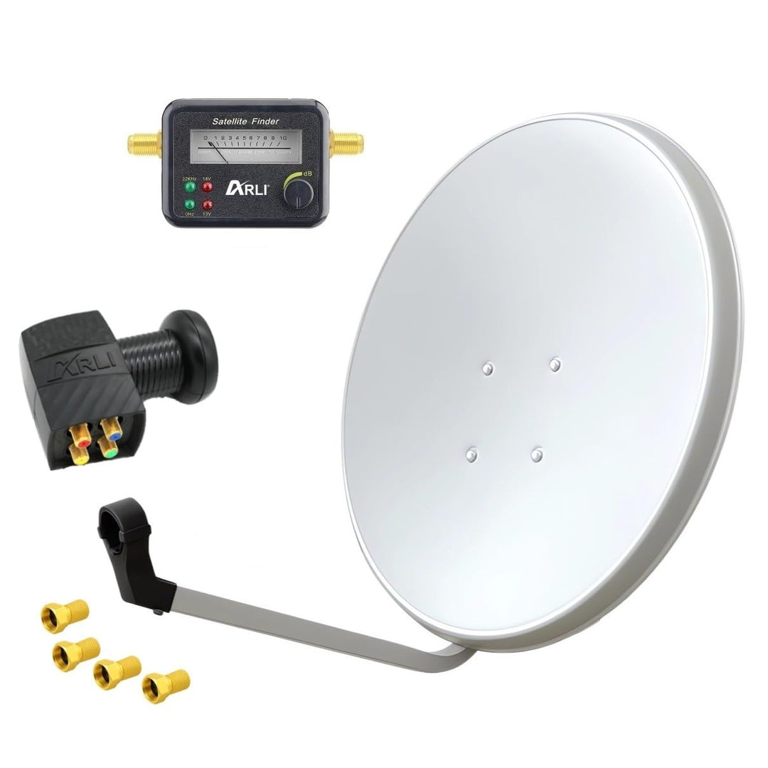 60cm HD Sat Anlage Quad LNB + Satfinder + 4 F-Stecker Digital 2 Teilnehmer Antenne Weiss UHD 4K, + S