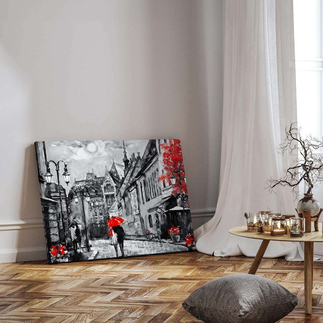 wandmotiv24 Leinwandbild Malerei, 60x45cm, Querformat, Paar, Stadt, Regenschirm, Deko, Bilder auf Le