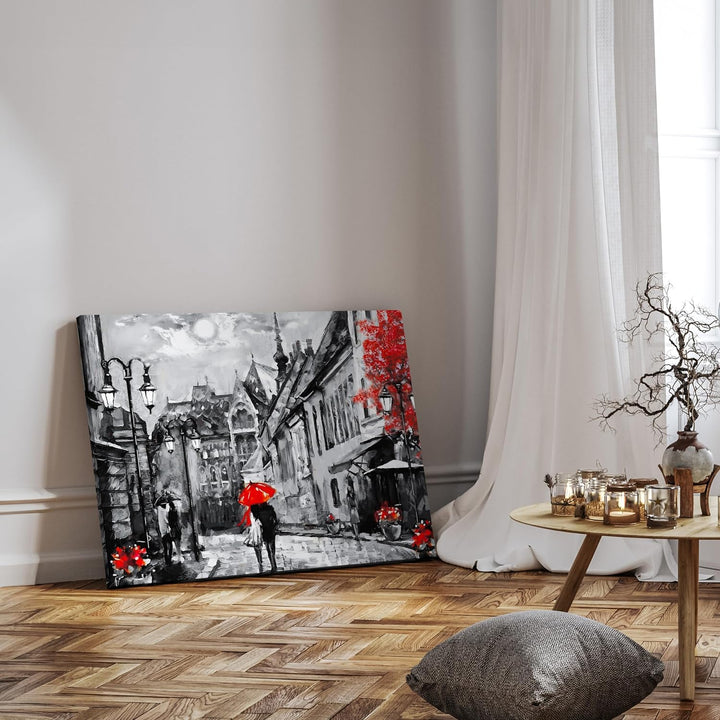 wandmotiv24 Leinwandbild Malerei, 60x45cm, Querformat, Paar, Stadt, Regenschirm, Deko, Bilder auf Le
