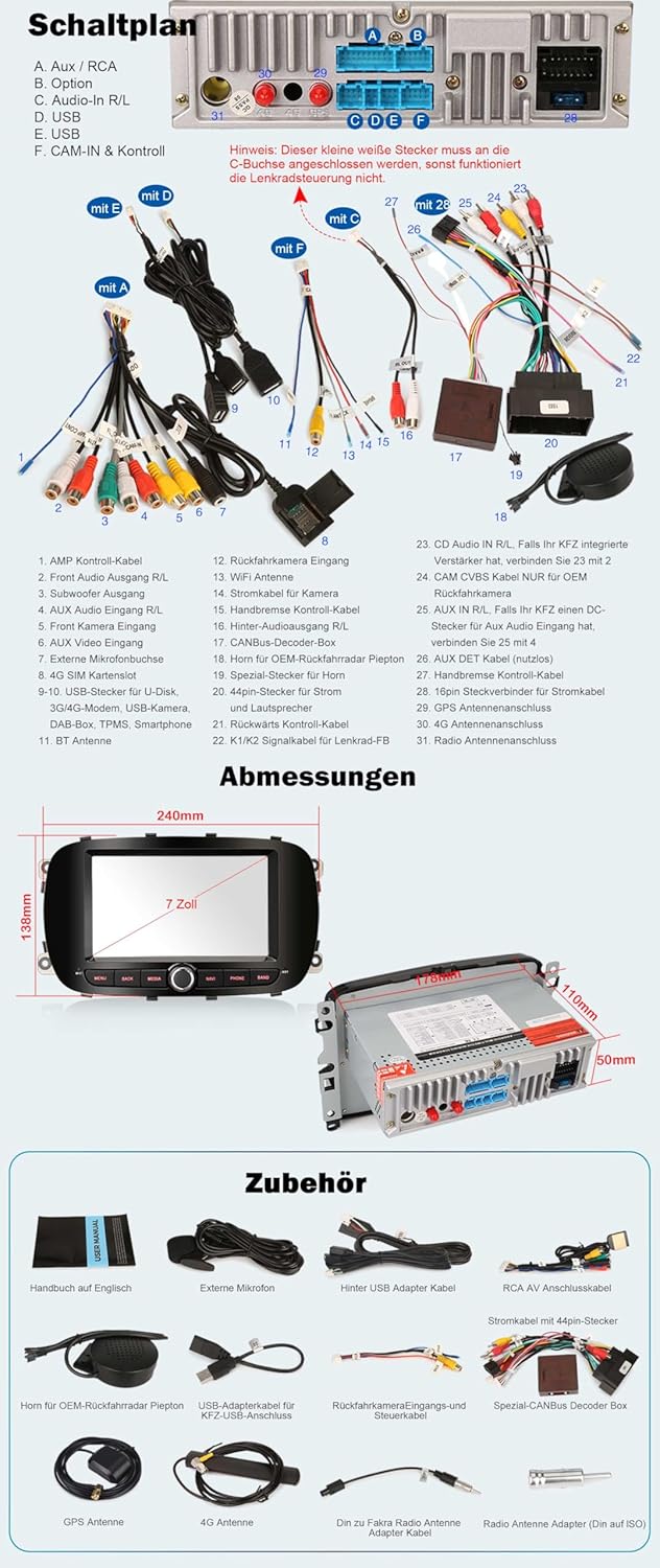 Erisin 7 Zoll 8-Kern 4GB RAM 64GB ROM Android 14 Autoradio mit GPS Navigation Für Fiat 500X 2014-202