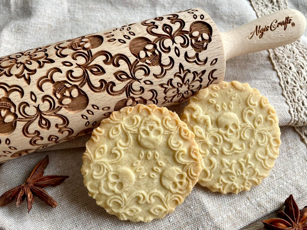 SCHÄDEL Halloween Nudelholz mit Muster - Teigroller Holz mit Totenkopf für DIY Plätzchen, Kekse- Gra