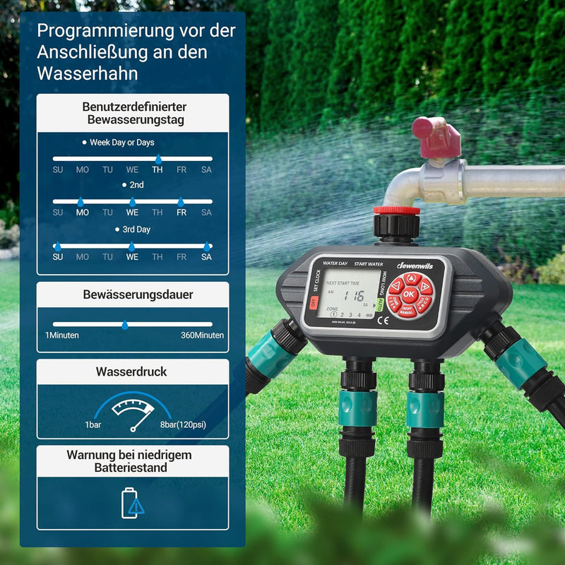 DEWENWILS Bewässerungscomputer 4 Ausgänge, Bewässerungssteuerung mit 16 Individuellen Programmen, Ma