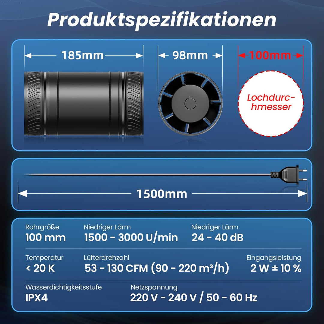 MOCINE Elektronische Lüfter, 100mm Rohrventilator mit Fernbedienung, 2 Modi & 6 Geschwindigkeiten, D