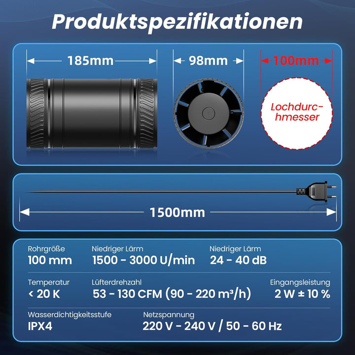 MOCINE Elektronische Lüfter, 100mm Rohrventilator mit Fernbedienung, 2 Modi & 6 Geschwindigkeiten, D