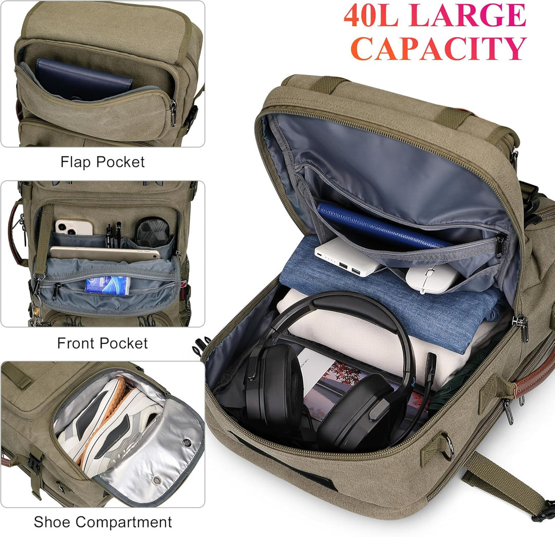 WITZMAN Reiserucksack Herren Gross 40L Canvas Vintage 3 in 1 Rucksack Fit 16 Zoll Laptop Rucksack fü