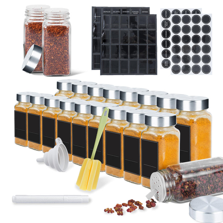 YRHome 24 Stück Gewürzgläser Eckig Set Gewürzglas Aus Glas Spice Jars 120ML Gewürzdosen Mit Etikette