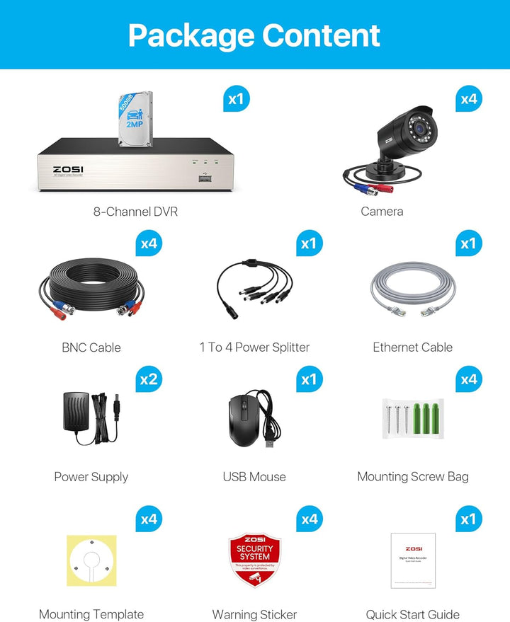 ZOSI 1080P Aussen Überwachungskamera Set mit Kabel, 8CH 500GB DVR und 4 Aussen 1080P Verkabelt Video