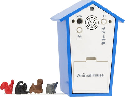 KOOKOO AnimalHouse Blau, Moderne kleine Kuckucksuhr mit 5 Bauernhoftieren, Aufnahmen aus der Natur.