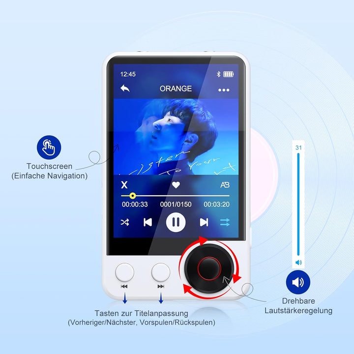 128GB MP3-Player mit Bluetooth 5.3, Tragbarer Verlustfreier HiFi-Musikplayer mit Zwei Kopfhöreransch