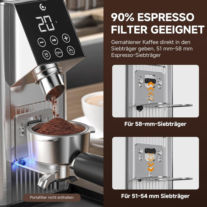 AMZCHEF Elektrische Kaffeemühle mit 45 Mahlgraden, Espresso-Mühle mit höhenverstellbarem Siebträgers