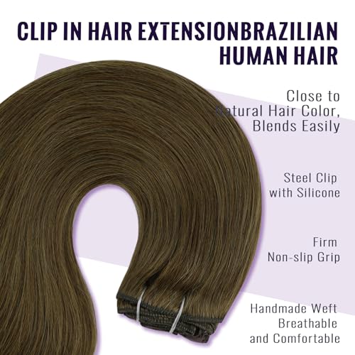 Fshine Clip in Extensions Echthaar 35cm 7 Pcs 120 Gramm Braun Doppelt Tressen Echthaar Haarteil 100%
