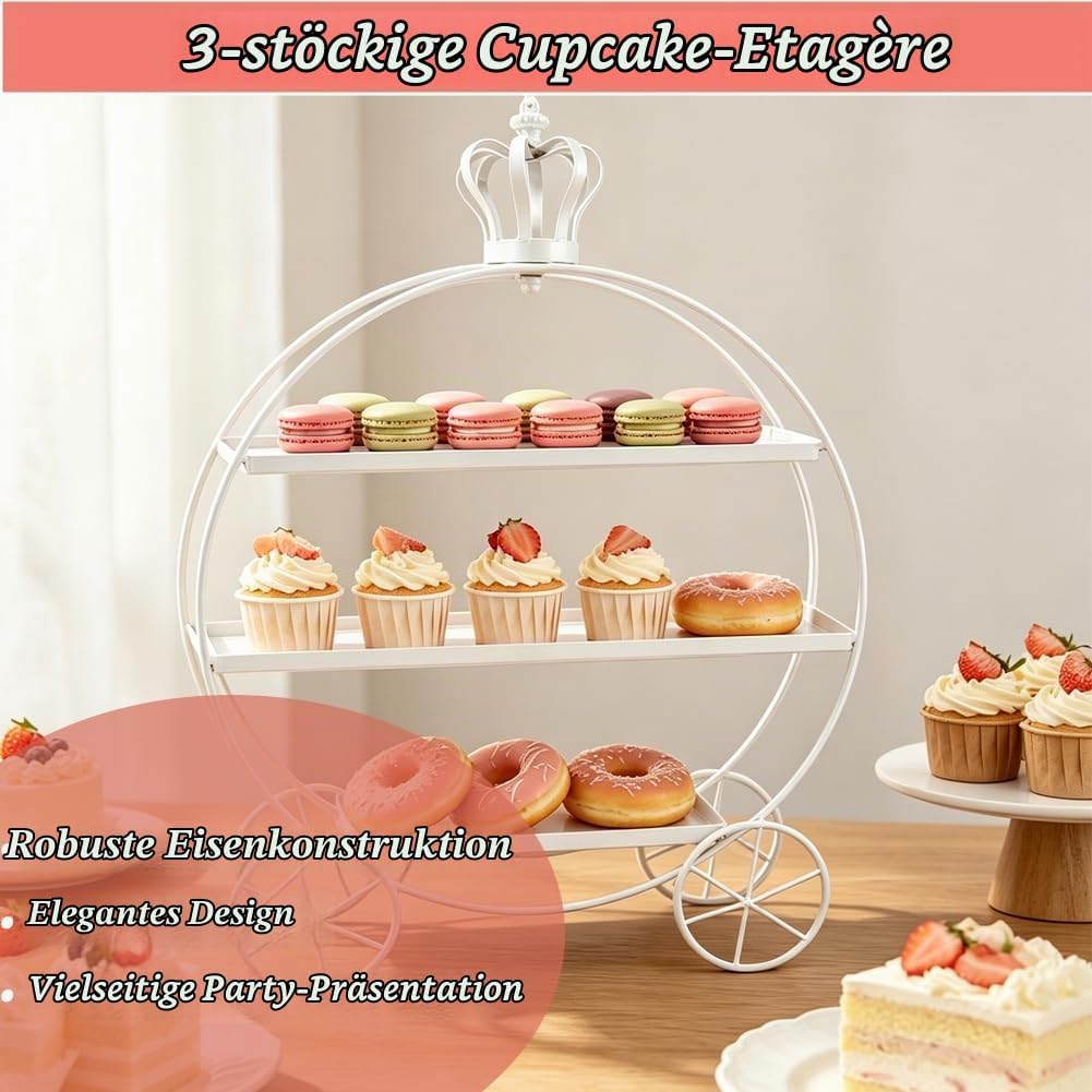 Cupcake-Ständer mit 3 Etagen, Eiserne Tabletts für Cupcakes, Donuts, Früchte, Gebäck, Dessert-Teller