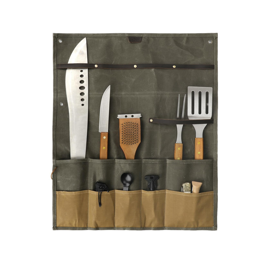 TOURBON Kochmesser-Tasche, gewachstes Segeltuch, tragbar, 10 Taschen, Messer-Aufbewahrung, Werkzeug-