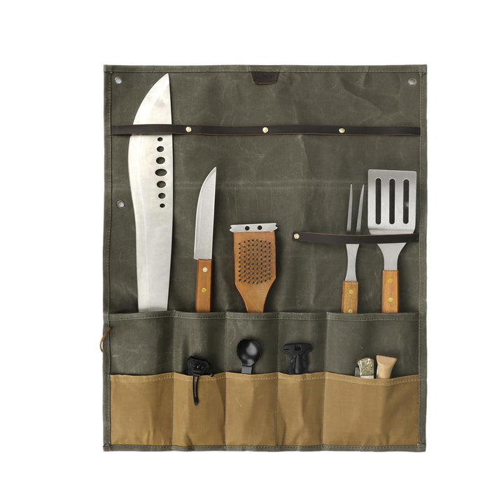 TOURBON Kochmesser-Tasche, gewachstes Segeltuch, tragbar, 10 Taschen, Messer-Aufbewahrung, Werkzeug-