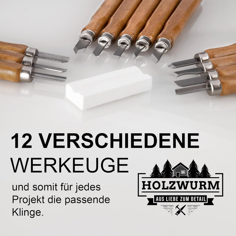 HOLZWURM Holz-Schnitzwerkzeug Set 12-tlg, inkl. Tasche, Anleitung & Abziehstein, ideales Schnitzmess