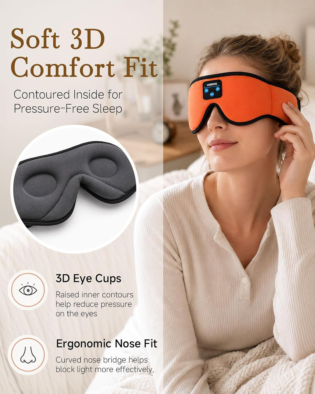 Voerou Bluetooth Schlafkopfhörer, 3D verstellbar, 12h, Knallorange | 3D-Form, verstellbares Band, at