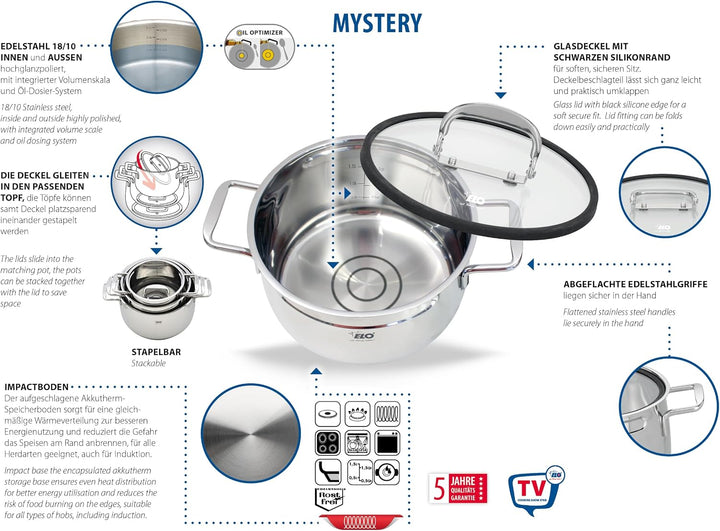 Topfset 3-teilig Mystery 91005, stapelbar, Edelstahl 18/10 - mit Volumenskala & Öl-Dosiersystem, bac