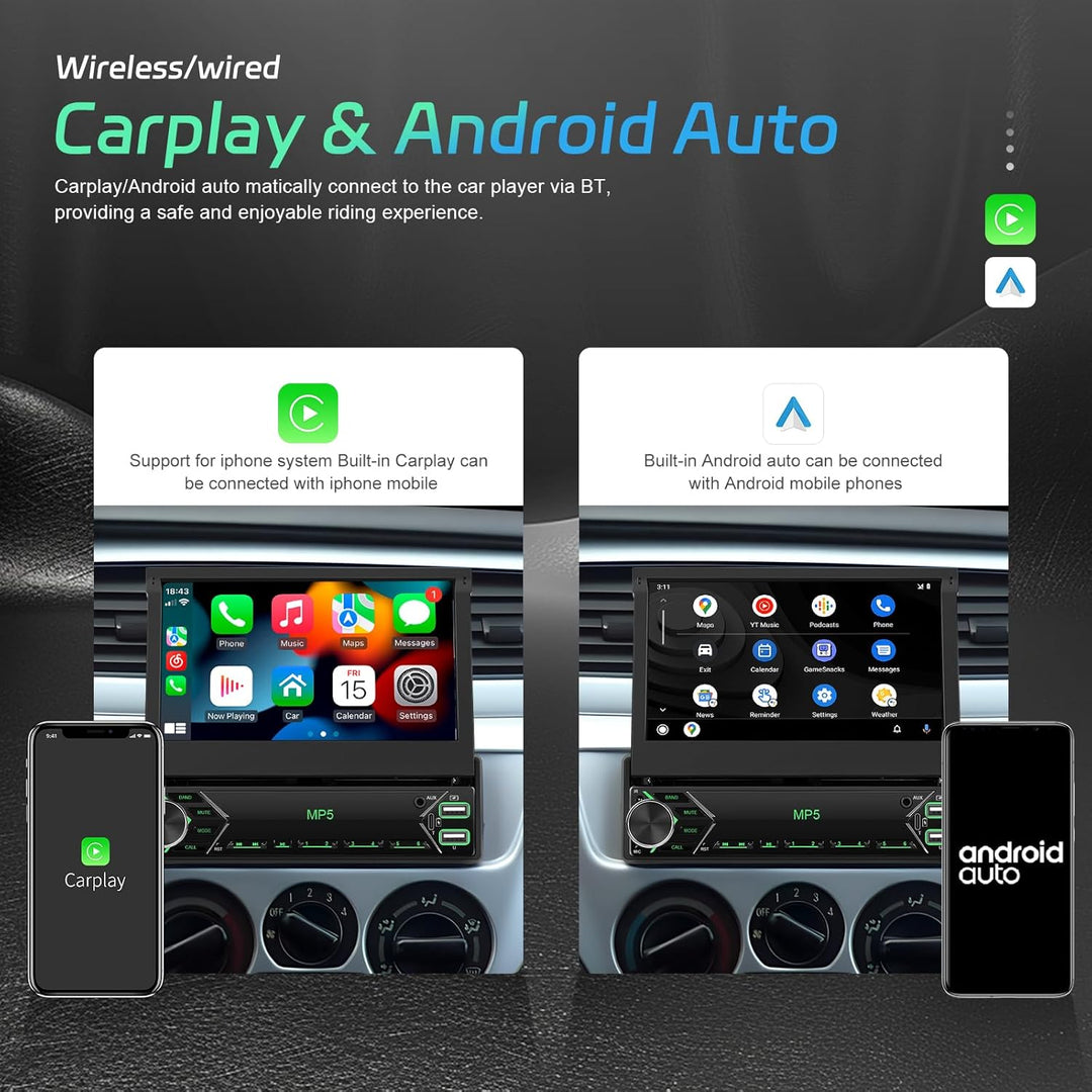 CAMECHO 1 DIN Wireless Carplay Android Auto, 7 Zoll Auto Bildschirm Videoausgang/AUX-IN/FM/TF/Mirror