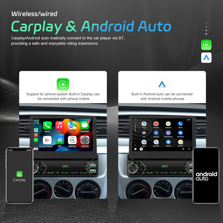 CAMECHO 1 DIN Wireless Carplay Android Auto, 7 Zoll Auto Bildschirm Videoausgang/AUX-IN/FM/TF/Mirror