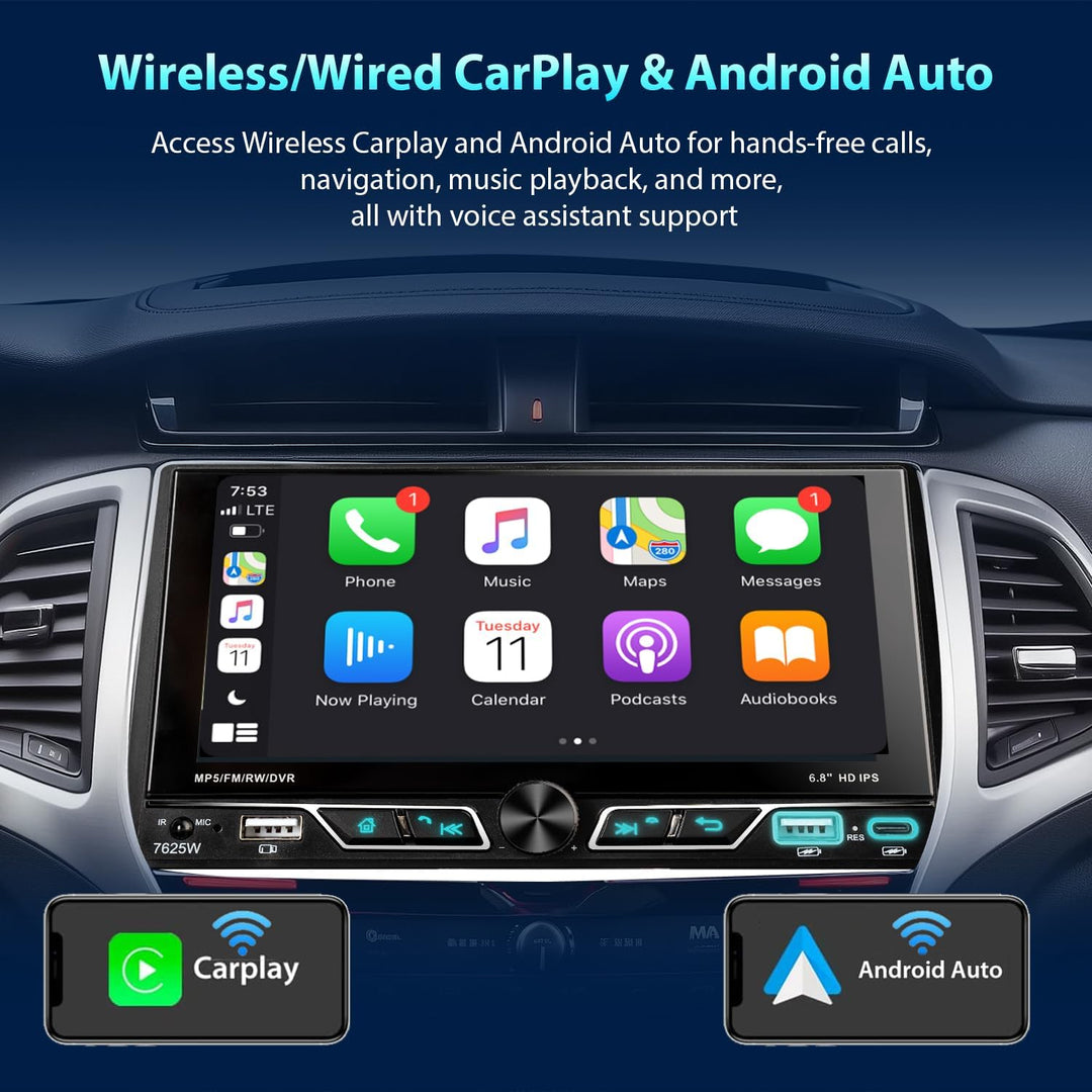 Autoradio 2Din mit 6.8 Zoll Bildschirm, Kompatibel mit [Wireless] Apple CarPlay/Android Auto Bluetoo