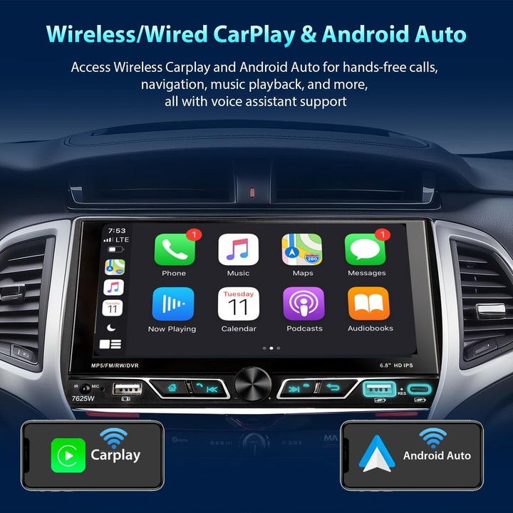 Autoradio 2Din mit 6.8 Zoll Bildschirm, Kompatibel mit [Wireless] Apple CarPlay/Android Auto Bluetoo