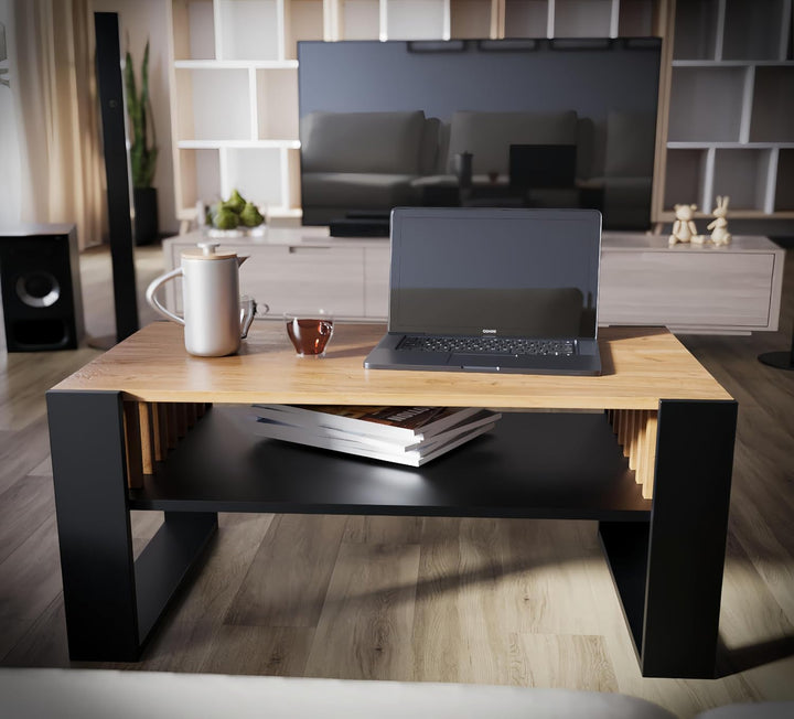 defiPad Couchtisch Eiche Schwarz im Lamellendesign mit Stauraum, 92x50 cm Schwarz + Eiche, Schwarz +