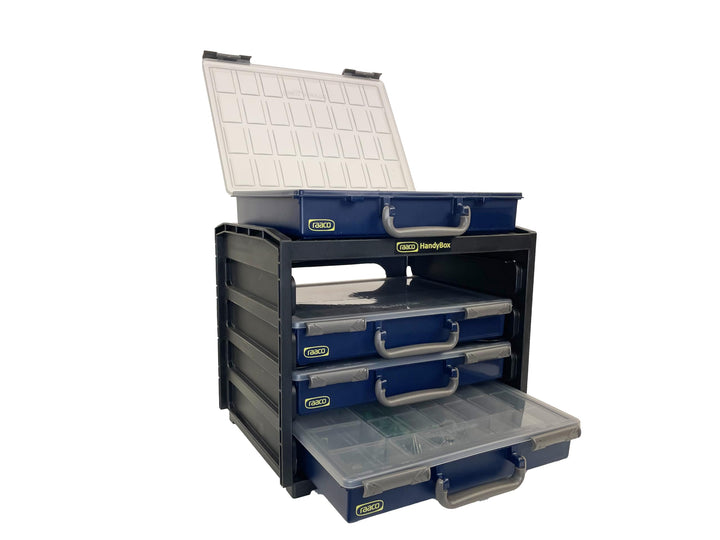 raaco HandyBox 55x4: Sortimentskasten für Werkstatt, Kistenberg mit 4 Sortierkasten für Kleinteile,
