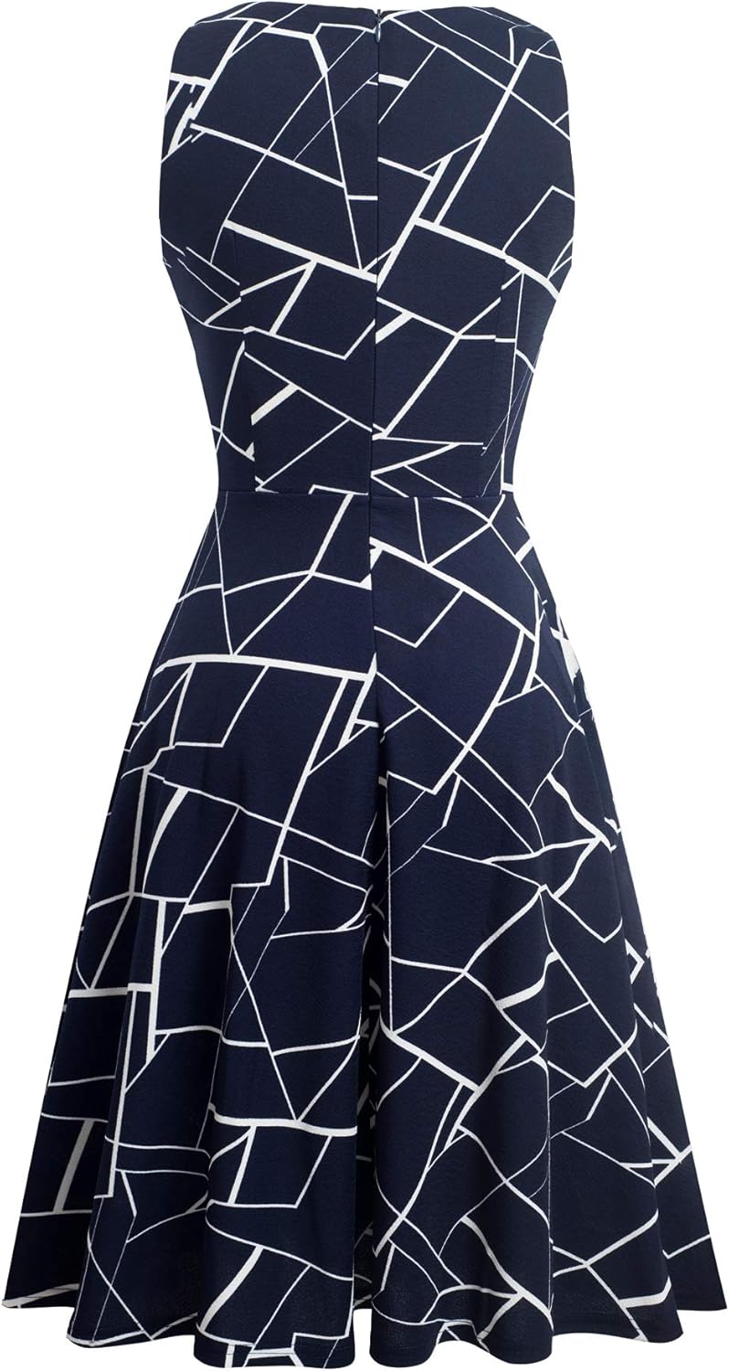 HOMEYEE Damen Vintage Rundhalsausschnitt Blumen Bestickt Knielang Elegant Cocktailkleid UKA079 S Str