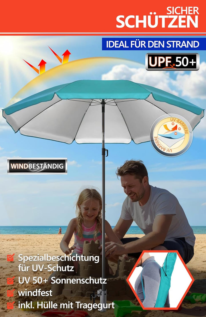 4smile Sonnenschirm Strand SET mit Eindrehbodenhülse, Ø 200 cm, Türkis | Strandschirm Windfest Stabi