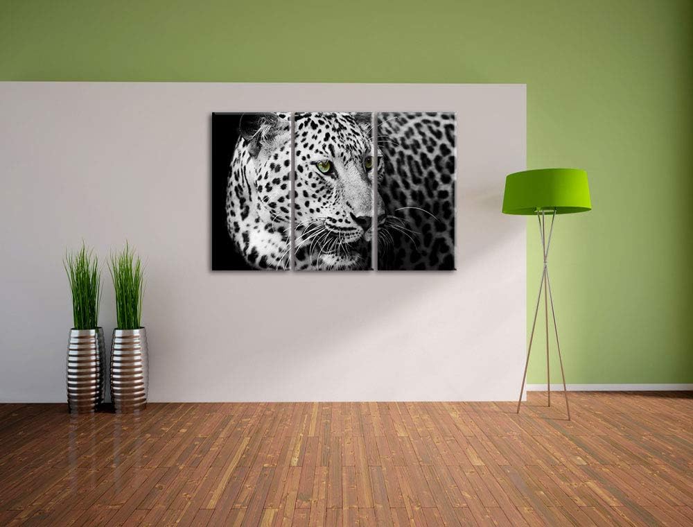 Pixxprint Dark Leopard mit grünen Augen als Leinwandbild | Grösse: 3 Teilig (120x80) | Wandbild| Kun