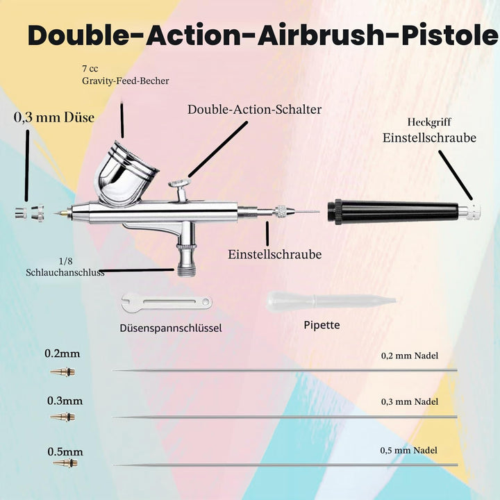 ABEST Airbrush Kit mit 33PSI einstellbarem Luftkompressor, Dual-Action Airbrush mit 0.2/0.3/0.5mm Dü