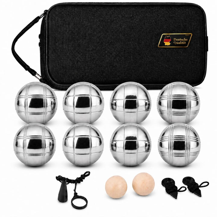 Boule Set 8 Kugeln aus Metall,inklusive Zielkugel, Magnet-Hebel, Abstandsmesser &amp; Tragetasche. Ideal