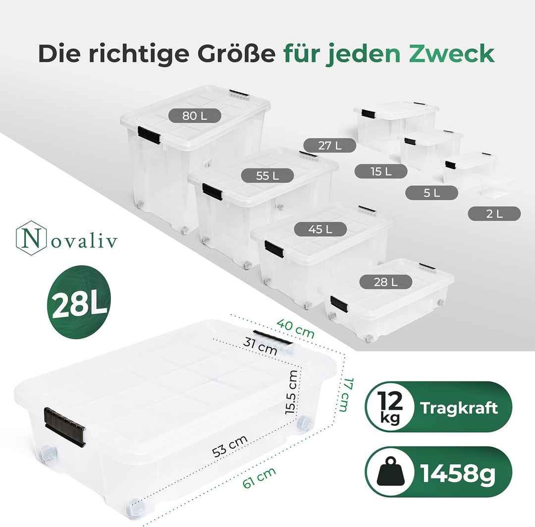Novaliv 2x Unterbettkommode mit Rollen 28L Aufbewahrungsbox Deckel transparente Nestbar stapelbare m