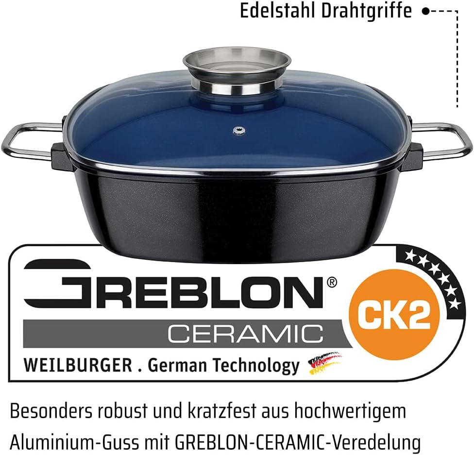GSW 167413 Ceramica Kobaltblau Induktion Viereckbräter mit Aroma-Glasdeckel 28x28x8,5cm / ca. 5,0 Li