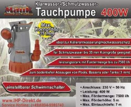 Mauk Tauchpumpe Hochwasserpumpe Absaugpumpe mit einstellbarer Absaughöhe und Schwimmerschalter für a