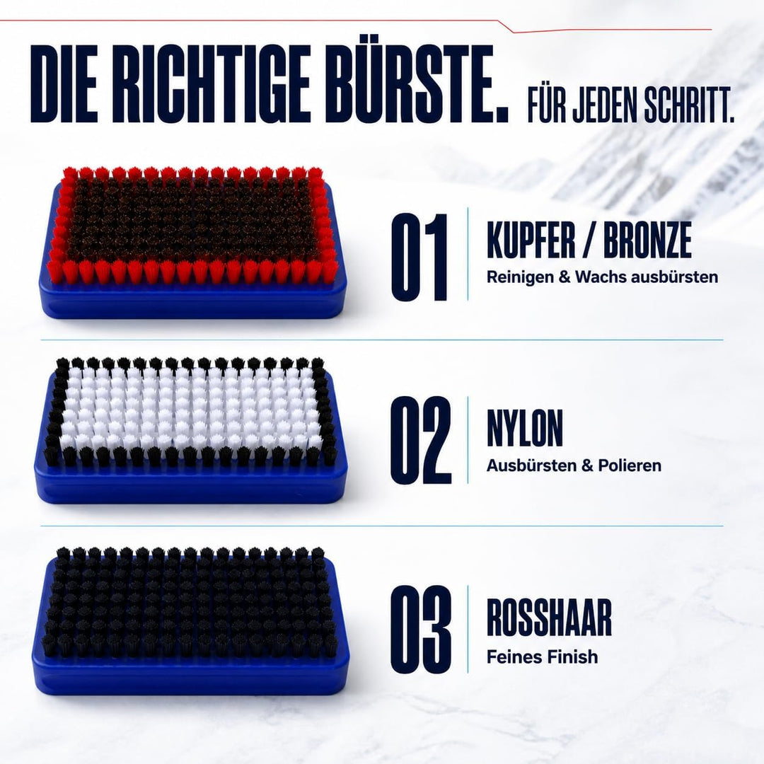 SkinStar 3er Set Ski Belagsbürsten BaseBrush Nylon, Rooshaar u. Kufper/Bronze blau