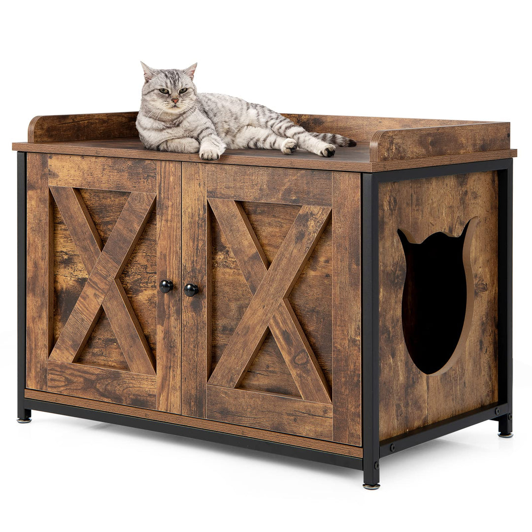GOPLUS 2 in 1 Katzenschrank, Katzenklo mit Doppeltüren, verstellbaren Füsse und Katzenlöchern, verst