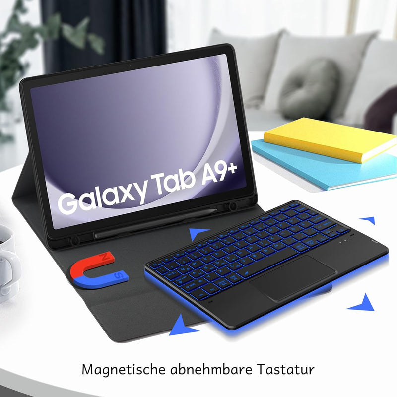 CACOE Hülle Tastatur Kompatibel mit Samsung Galaxy Tab А9+ 2023 11 Zoll Tastatur mit Touchpad, 7-Far