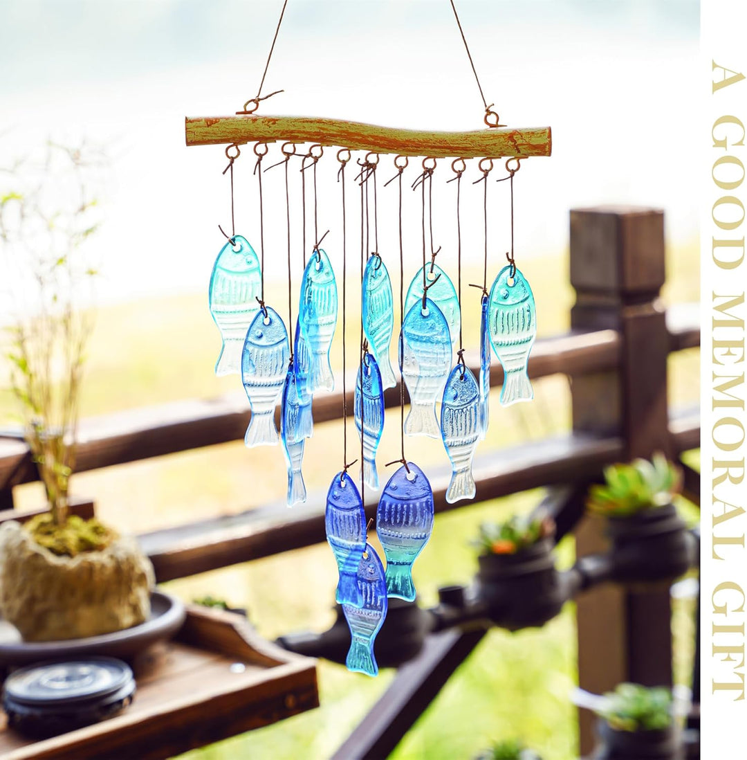 H&D HYALINE & DORA 58,4 cm blaues Glas Meereswindspiel, handgefertigtes Fisch Windspiel für draussen