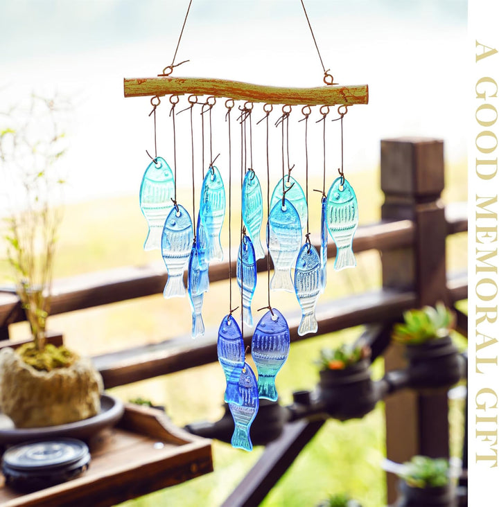 H&D HYALINE & DORA 58,4 cm blaues Glas Meereswindspiel, handgefertigtes Fisch Windspiel für draussen