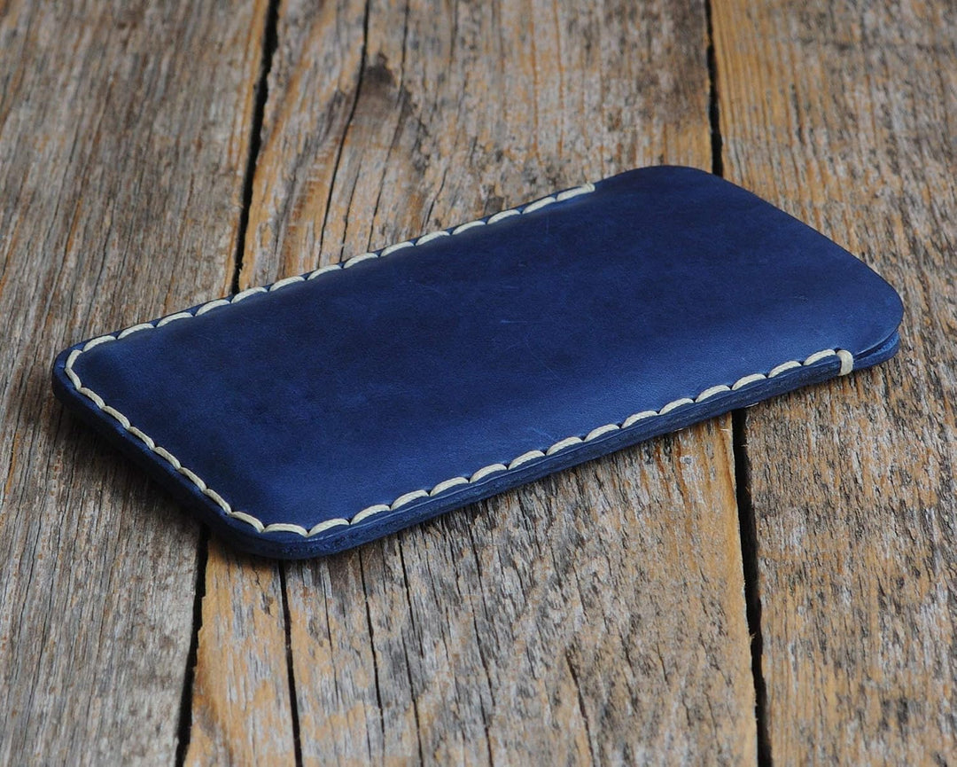Blaues Leder Hülle für iPhone 15 PRO MAX, Handgenähtes Etui