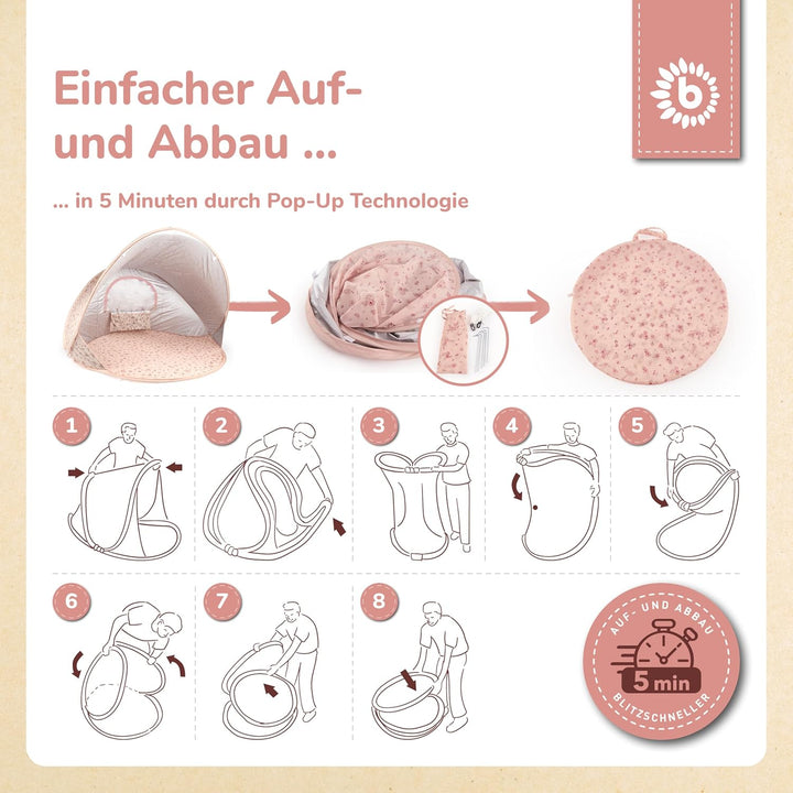 Bieco Ella Pop-up Strandmuschel Dreamy Flowers | UV-Schutz 40+ | Strandmuschel Pop Up Baby Zubehör S