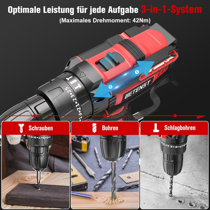 Akkuschrauber, BETENST Akku Bohrmaschine 21V, Akku Bohrschrauber 42Nm mit 2 Akkus 2.0Ah, 25+3 Drehmo