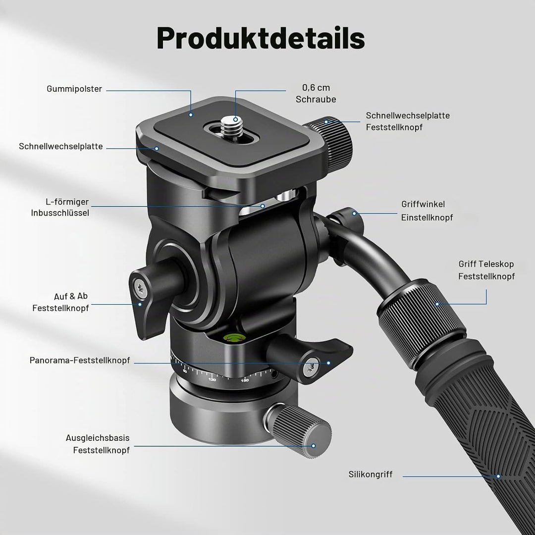 NEEWER Fluidkopf für Videostativ mit +/-10° Nivellierbasis (⌀37mm), Metall Stativkopf Videokopf mit