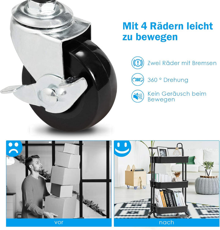 GOPLUS 3-stöckiger Servierwagen mit Rollen, Küchenwagen aus Metall, Rollwagen für Badezimmer, Küche,