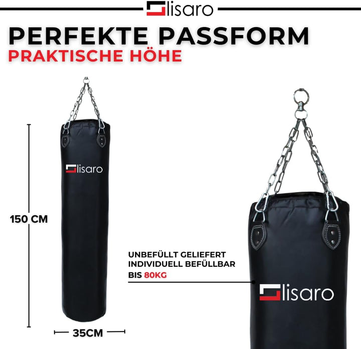 Lisaro Profi Boxsack 120/150 cm gefüllt/ungefüllt | Sandsack in Studioqualität für Boxen, Kickboxen
