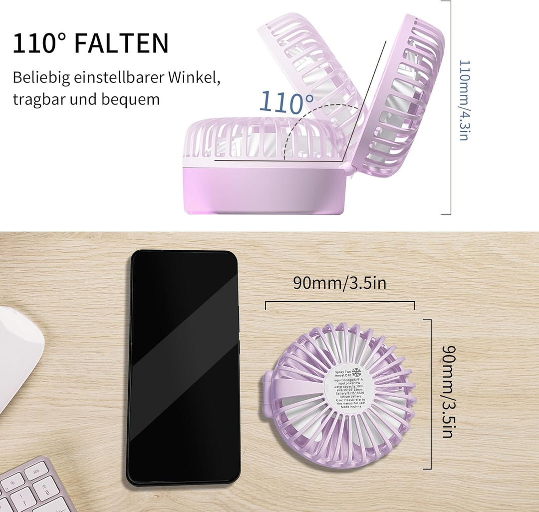 Handventilator mit Kühlen Nebel,Tragbarer Mini Ventilator USB-Aufladbar,5 Geschwindigkeiten,Faltbare